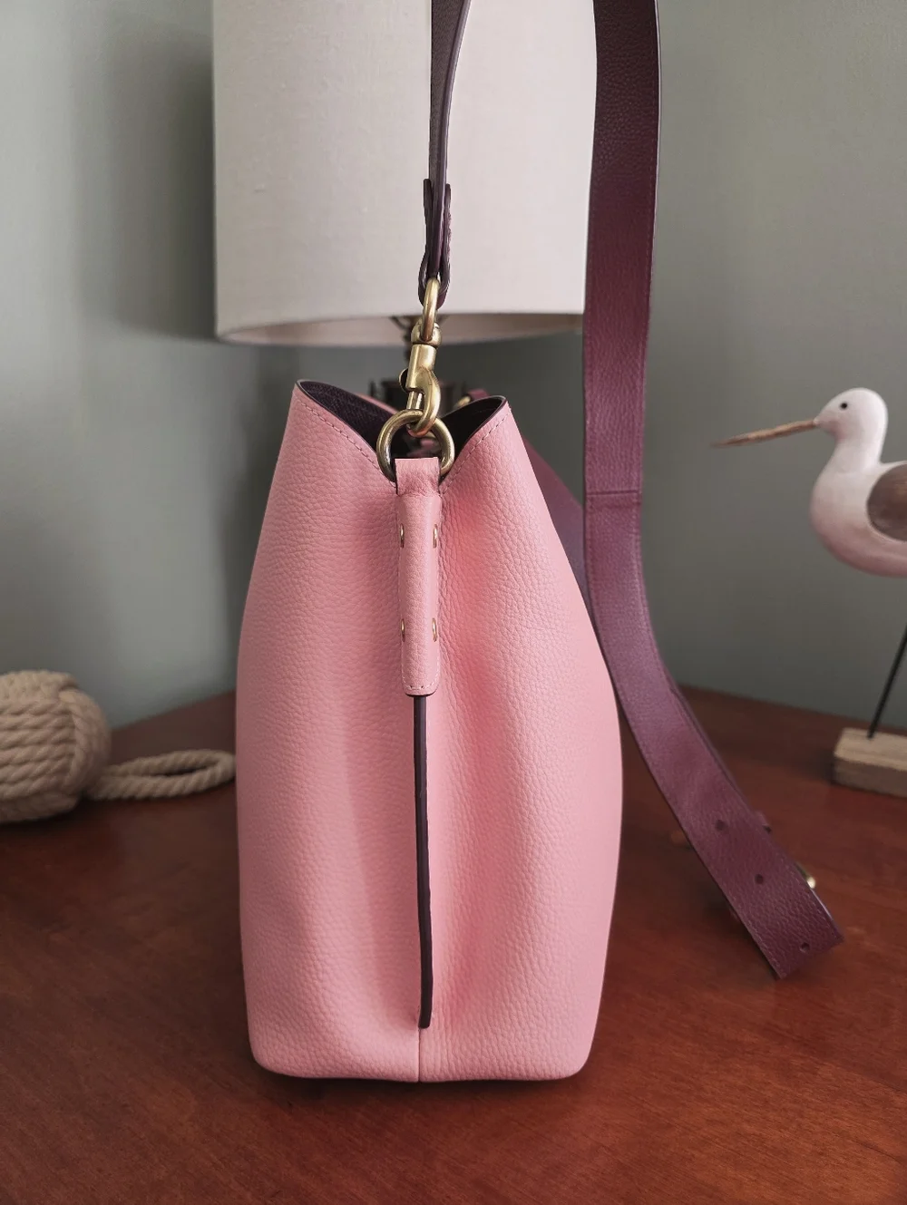 Coach Willow C2590 Colorblock Pebbled Leather Shoulder Bag Pink Burgundy